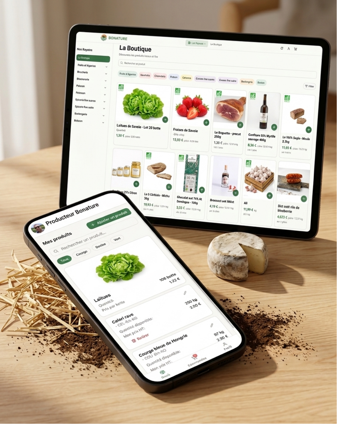 Bonature restaurant shop on tablet and producer app on phone